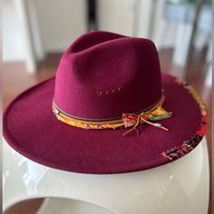 Never Used Burgundy Boho Hat Burgundy Wide Brim Hat For Summer, Red Fedora Felt Beach Hat, Red Fedora Felt Hat For Beach, Red Adjustable Flat Brim Fedora, Red Fedora Felt Hat For The Beach, Burgundy Summer Hat With Curved Brim, Adjustable Burgundy Fall Hat, Summer Burgundy Hat With Curved Brim, Adjustable Burgundy Hat For Fall