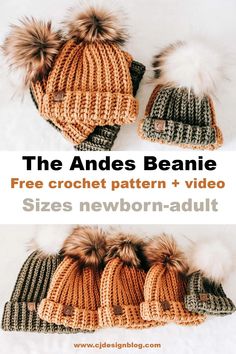 three knitted hats with two pom poms on the top and one is brown