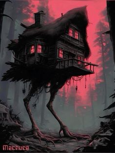 a creepy house in the middle of a forest with blood dripping from it's windows