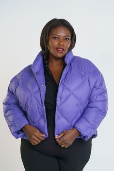 This cropped quilted puffer jacket is the perfect addition to your winter look, offering a bright pop of color. Features long raglan sleeves, funnel neck, front snap-button fastening, dropped shoulders. It also comes with its own matching scarf made of the same puff material. Purple Puffer Jacket For Winter, Purple Puffer Jacket For Fall, Oversized Puffer Jacket With Padded Collar And Long Sleeves, Oversized Puffer Jacket With Padded Collar, Trendy Quilted Long Sleeve Puffer Jacket, Purple Long Sleeve Puffer Jacket For Cold Weather, Oversized Puffer Quilted Jacket With Long Sleeves, Oversized Long Sleeve Puffer Quilted Jacket, Purple Puffer Jacket For Fall And Cold Weather