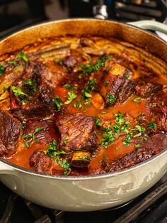 a pot filled with stew sitting on top of a stove