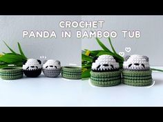 crochet panda in bamboo tubs with flowers