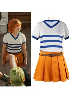 One Piece Live Action Nami Outfit, Name Live Action One Piece, One Piece Costume Ideas, Nami Halloween Costume, One Piece Nami Costume, Nami Outfits Inspired, Nami Outfits Style One Piece, One Piece Outfits Anime, Easy Closet Cosplay