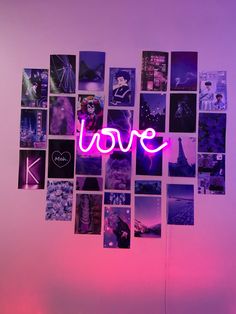 the word love is surrounded by photos and neon lights