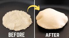 before and after images of bread dough on a frying pan