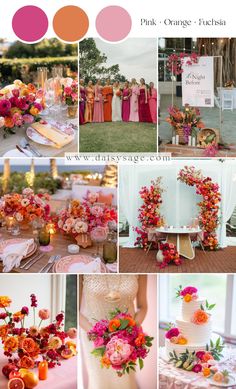 a collage of photos with different colors and flowers on them, including pinks oranges and fuchsia