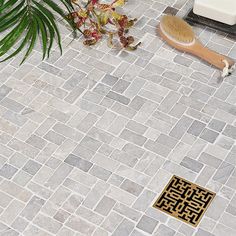 a bathroom with a tiled floor and plants on the ground next to it, along with a wooden brush