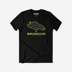 a black t - shirt with the word broncos printed in yellow on it