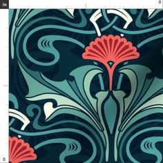 an art nouveau design with red flowers and swirls on blue background, suitable for wallpaper or fabric