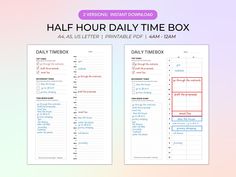 two daily planner pages with the text half hour daily time box