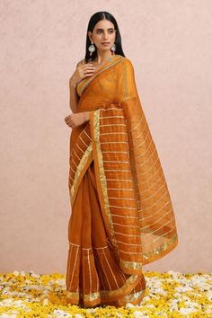 Shop for Label Nitika Orange Organza Gota Embroidered Saree With Blouse for Women Online at Aza Fashions Saree With Sleeveless Blouse, Striped Saree, Orange Saree, Organza Silk Saree, Embroidered Saree, Embroidered Border, Sequin Embroidery, Blouse For Women, Organza Saree