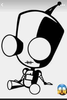 a black and white cartoon character with headphones