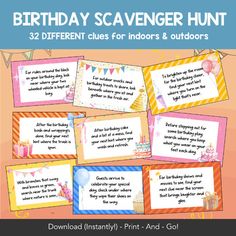 birthday scavenger hunt for kids with pictures and text on the front, below it