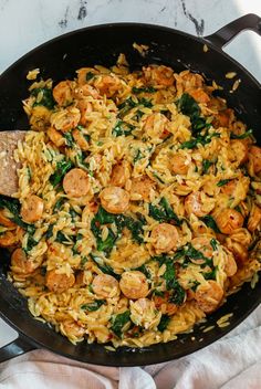 Indulge in a delightful one-pan meal with this Creamy Chicken Sausage Orzo Skillet. Perfect for a cozy night in, this dish combines savory chicken sausage with tender orzo pasta, all enveloped in a rich, creamy sauce. Treat yourself to a comforting and satisfying dinner that's both easy to make and delicious. Orzo With Sausage Recipes, Meal Prep With Sausage, Creamy Chicken Sausage Orzo Skillet, Chicken Apple Sausage Orzo Recipes, Cheddar Chicken Sausage Recipes, Kelsey Nixon Recipes, Orzo And Chicken Sausage Recipes, Simple Healthy Dinners Families, Macro Friendly Winter Recipes