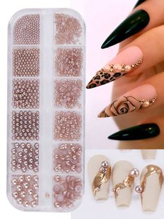 12 Grids Nail Art Decoration Pearl, Mixed Size Winter Flatback Round Half Round Champagne Pearls Nail Part DIY Stone For Women Girl Manicure Decor Nail Charms Nail Gems Nail Supplies Champagne    PET Animal 3D Decoration   Nail,Hand & Foot Care, size features are:Bust: ,Length: ,Sleeve Length: Fingernail Art, Nail Glam, Animal Print Nails Art, Nail Gems, Animal Print Nails, Pearl Nails, Gem Nails, Nail Jewelry, Nail Art Rhinestones