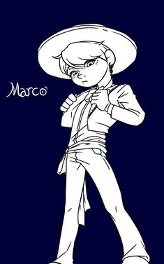 a drawing of a person wearing a hat and holding a cane with the word marco on it