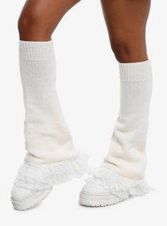 Keep your outfit looking delicate like a ballerina with these cream leg warmers! They are flared and feature ribbed detailing up top  plus tiered lace ruffles on the bottom.PolyesterImported White Leg Warmers Aesthetic, Flare Leg Warmers, Swaggy Fits, Lace Leg Warmers, Hello Kitty House, Exploding Kittens, Emily The Strange, Leg Warmer, Blue Beetle