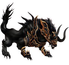 a black and gold dragon with horns on it's back legs is flying through the air