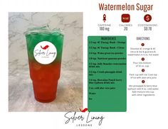 a red and green drink sitting on top of a counter next to information about the ingredients