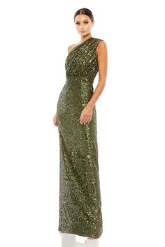 Olive green one shoulder gown featuring sequin embellished silhouette and pleated detail. - Aza Fashions Wedding Dress Code Guide, Dress Code Guide, Formal Wedding Guest Dress, Dress Code Wedding, Sheath Gown, One Shoulder Gown, Formal Dresses Gowns, Column Gown, Sequin Gown