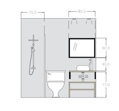 a drawing of a bathroom with toilet, sink and shower head in the corner is shown