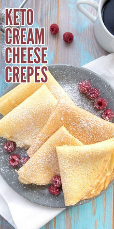 Top down image of keto crepes folded over on a plate and sprinkled with sweetener. Low Carb Crepe, Veggie Keto, Dairy Free Keto, Dairy Free Keto Recipes, Crepes Filling, Keto Sides, Keto Treats, Keto Side, Breakfast Keto