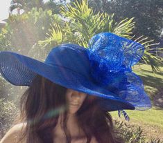 This beautiful hat is lightweight and would be perfect for horse races, tea parties, bridal showers, church or any special event.  Can be made in several color choices. Spring Party Fitted Sun Hat, Blue Sun Hat For Spring Party, Blue Party Sun Hat For Spring, Blue Party Sun Hat, Blue Spring Party Sun Hat, Hat Tea Party, Horse Races, Blue Organza, Hat Wedding