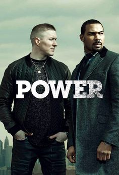 two men standing next to each other in front of a city skyline with the words power on it