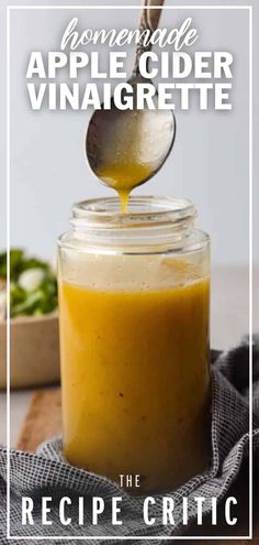 homemade apple cider vinaigrette recipe in a mason jar with a spoon