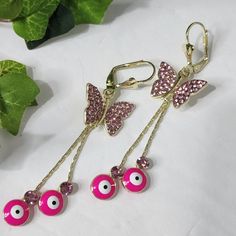 So Cute Gold Filled Lever Close Hot Pink Evil Eye Pink Crystal Butterflies New #35 Boho Bohemian Hippie Gypsy Casual Dressy Wedding Pink Dangling Charms Drop Earrings, Pink Butterfly Charm Dangle Jewelry, Pink Dangle Jewelry With Butterfly Charm, Pink Drop Earrings With Dangling Charms, Pink Butterfly Charm Drop Earrings, Pink Butterfly Charm Earrings, Pink Drop Earrings With Butterfly Charm, Pink Earrings With Dangling Charms, Pink Butterfly Earrings With Ear Wire