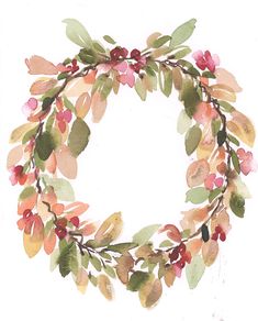 a watercolor painting of a wreath with leaves and berries