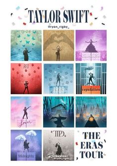 the poster for taylor swift's upcoming tour is shown in several different colors and sizes