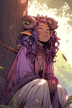 a woman sitting next to a tree with horns on it's head and purple hair