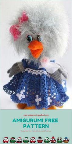 an amigurmi free pattern for a stuffed bird in a blue dress with white flowers