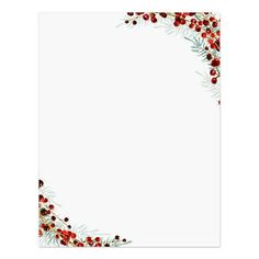 a white paper with red berries and pine cones on the edges, in front of a white background