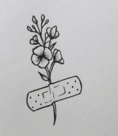 a pencil drawing of a flower with a band aid