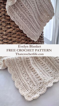 the crochet blanket is shown in three different colors and sizes, with text overlay