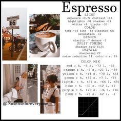 an advertisement for espresso coffee with pictures of people and street signs in the background