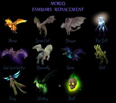 a bunch of different types of animals on a black background with the words moriel familiars relacment