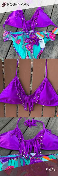 Boho flowers & fringe bikini set • two piece bikini set • Gorgeous purple beaded fringe string tie bikini top • Coordinating floral bikini bottom • Padded figure enhancing top Quicksilver raisins Swim Bikinis Purple Beaded, Boho Flowers, Beaded Fringe, Womens Swim, Two Piece, Purple, Plus Fashion, Floral, Flowers