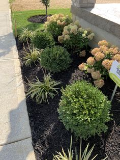 a sign is in the middle of a flower bed with shrubs and flowers around it