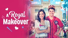 a man and woman standing next to each other in front of a pink background with the words royal makeover