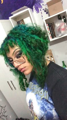 Curly Edgy Hair, Blue And Green Curly Hair, Alternative Colored Hair, Green And Black Curly Hair, Green Curly Hair Natural Curls, Alt Hairstyles Curly Hair, Short Curly Green Hair, Dyed Hair Inspiration Curly, Punk Curly Hairstyles