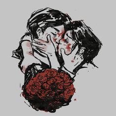 a drawing of two people kissing each other with blood splatters on the wall behind them