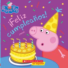 peppa pig is blowing out candles on his birthday cake with the words happy birthday