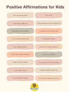 a poster with the words positive affirmations for kids in different colors and sizes