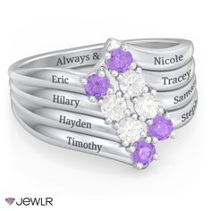 This unique and elegant ring symbolizes a family’s love flowing together. The wave design supports eight sparkling gemstones of your choice and each wave can be engraved with a loved one’s name. Personalize yours in sterling silver, yellow, white, or rose gold. Elegant Personalized Birthstone Ring For Anniversary, Elegant Personalized Birthstone Ring For Anniversary Gift, Elegant Sterling Silver Rings With Names, Elegant Silver Rings With Names, Rings With Gemstones, Mom Ring, Mother Rings, Wave Ring, Mens Engagement