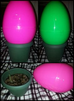 four different colored eggs sitting on top of a table