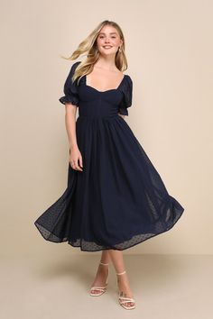 Flawless Elegance Navy Swiss Dot Puff Sleeve Bustier Midi Dress