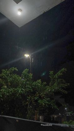 a street light in the dark with rain coming down on it's roof and trees